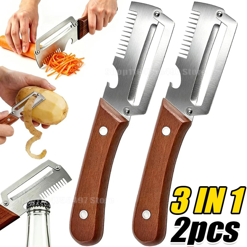 Vegetable Peeler with Wooden Handle 3-in-1 Paring Knife Stainless Steel Peel for Fruit Household Food Cutting Tool Bottle Opener