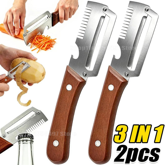 Vegetable Peeler with Wooden Handle 3-in-1 Paring Knife Stainless Steel Peel for Fruit Household Food Cutting Tool Bottle Opener