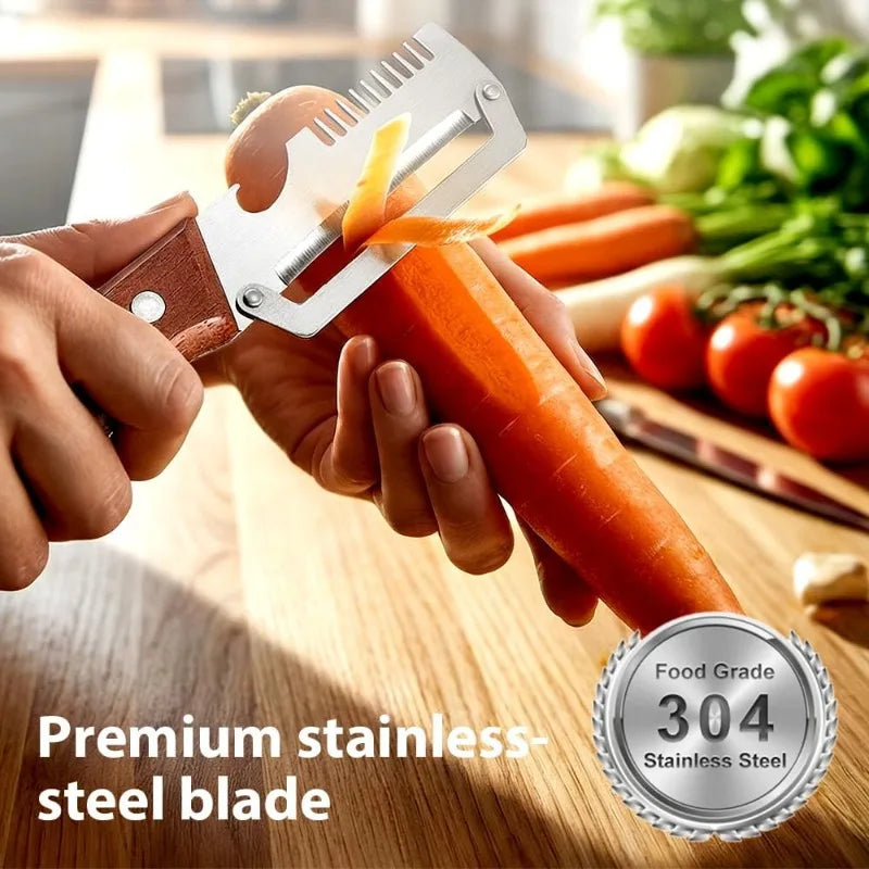 Vegetable Peeler with Wooden Handle 3-in-1 Paring Knife Stainless Steel Peel for Fruit Household Food Cutting Tool Bottle Opener