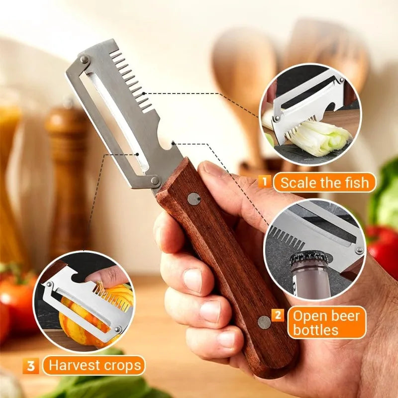 Vegetable Peeler with Wooden Handle 3-in-1 Paring Knife Stainless Steel Peel for Fruit Household Food Cutting Tool Bottle Opener