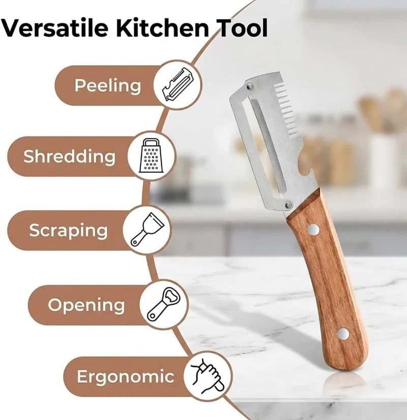 Vegetable Peeler with Wooden Handle 3-in-1 Paring Knife Stainless Steel Peel for Fruit Household Food Cutting Tool Bottle Opener